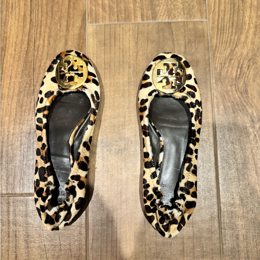 Tory Burch Leopard Flats with Gold Logo